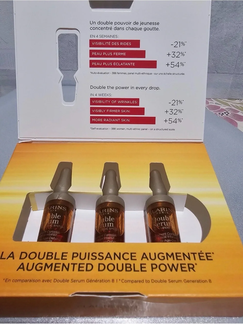 New Clarins Double Serum trial kit featuring three individual 0.9ml vials in Box